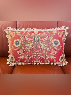 William Morris Pillow Needlepoint Oblong Birds Floral Red Velvet Wool Cotton